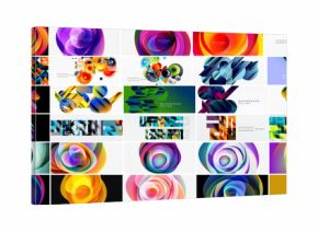 Diverse abstract backgrounds, vibrant colors, circular shapes dominate designs. Modern graphics, dynamic compositions present visual interest.