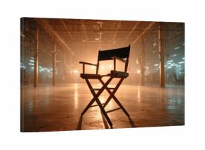 Director's chair in a dramatic, empty film studio with warm and cool lighting