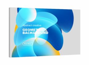 Abstract fluid shapes, vibrant blues, oranges create dynamic geometric background. Text invites further exploration.