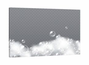 Floating foam cloud with soap spheres in sud formations - transparent bubbles drifting upward from white lather base for bath and cosmetic products. Cleaning froth elements with shimmering orbs.