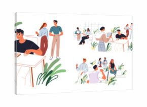 Office work life set. Employees, daily routine in corporate professional environment. Happy young colleagues communication in modern workplace. Flat vector illustration isolated on white background.