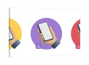 3D set of hands holding smartphone on colorful, bright circles. Icons, Mockups for app advertising, media, communication, web design. Vector illustration.