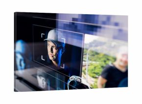 Deepfake with AI. Deep fake fraud. Id data scam or identity theft. Face recognition with artificial intelligence. Impersonate man. Video surveillance technology. Synthetic photo of a human.