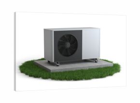 Heat pump unit on grass, isolated on transparent background, 3D illustration