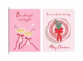 Merry Christmas greeting card Set. Beautiful Xmas design in trendy hand drawn style with frame, decorated Christmas tree, top view dinner plate with a fir branch and a red bow, glasses of champagne.