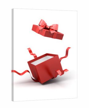 Red present box with white inside open product display mock up showcase or blank red gift box with red ribbons and bow isolated on white background with shadow creative idea concepts 3D rendering