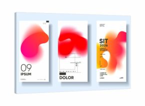 A set of five modern abstract posters featuring vibrant gradient shapes in purple, red, and orange hues. Each design incorporates minimalist typography and geometric elements 
