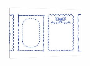 Whimsical menu frame. Hand drawn whimsical border. Birthday or wedding menu frame with stamp and bow. Doodle vintage simple invitation. Watercolor wavy oval card. Coastal sea and summer line border bg