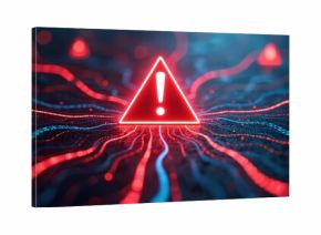 Abstract digital network shows warning sign with glowing red lines indicating system overload. Danger signals flash amid data streams. Tech failure, alert, risk alert.
