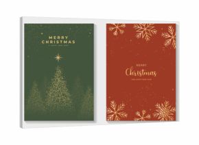 Luxury Christmas Greeting Card Vector Set with Golden Line Pine Tree, Holly Leaves, and Ornaments in Red and Green Background for Invitations, Posters, Wall Art, Social Media, Packaging.