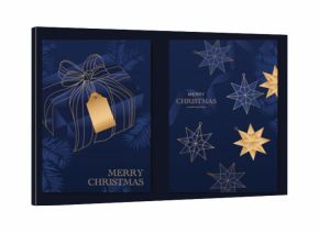 Modern Luxury Christmas Greeting Card Vector Set in Blue and Gold with Ornaments, Gift Box, Stars, and Geometric Pine Tree for Invitations, Posters, Wall Art, Social Media, Packaging, and Holiday Deco