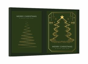 Elegant Merry Christmas and Happy New Year greeting card vector set with gold line art decorations, green background, holiday frames for celebration  