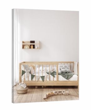Wall mockup in children room, light cozy interior with wooden crib, 3D render