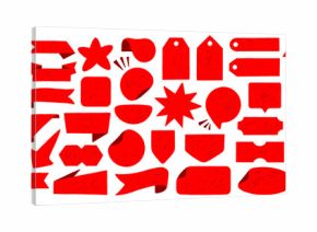 Red promo starburst sticker, tag and price labels set with crayon texture. Flags and stamps perfect for text callouts, template stickers. Adhesive offer stamps, sale banners and ribbons, coupon design