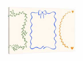 Quirky whimsical coquette frames with bows, hearts and leaves. Crayon drawn decorative wedding and bachelorette borders. Modern coquette frames decoration with funky crayon texture.