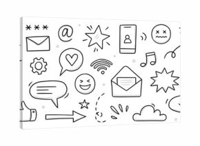 Emoji media hand drawn doodle icon set. Internet conversation, media outline tech emoji, star, arrow shape. Hand drawn sketch chat emoticon, digital cloud, smile face elements. Vector illustration