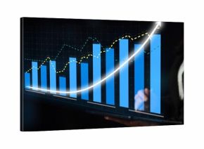 This image showcases a business growth visualization featuring blue bar graphs and a line chart against a dark background, perfect for financial analysis and market insights. Copula
