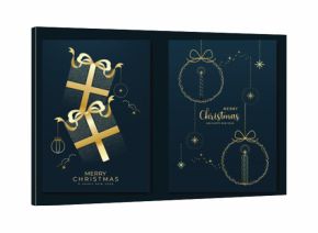 Happy New Year and Merry Christmas poster vector set. Navy blue and gold luxury ornaments with bells, ribbons, snowflakes and wreath elements. Suitable for greeting cards, posters and digital media.