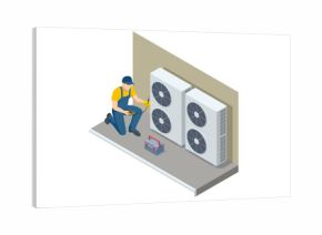 Isometric industrial air conditioning system with ventilation fans. Concept of HVAC technology, energy, and climate control. Technician with HVAC system