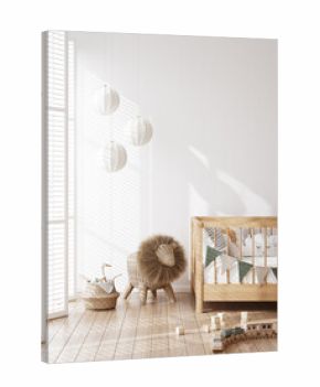 Mock up frame in children room, light cozy interior with wooden crib, 3D render