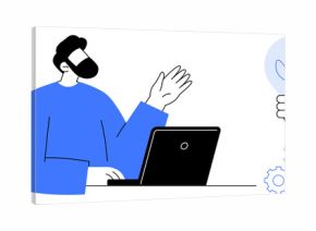 Person presenting ideas near a laptop as a glowing lightbulb and gears symbolize creativity and teamwork. Ideal for innovation, business communication, technology, brainstorming, education