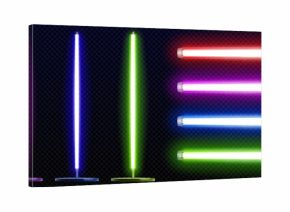 Led neon light strip collection in red, purple, blue and green colors on transparent background. Glowing tube lamps with vertical bars and horizontal fluorescent bulbs - bright illumination design.