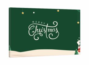 Green Merry christmas and happy new year greeting card banner paper art style with  snowy winter landscape red village and forest scene for holiday celebration and festive background