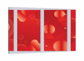 Red Chinese New Year 2026 poster vector set with golden lanterns, firework sparkles and geometric patterns for festive greeting cards, banners and luxury print decoration