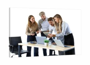 Group of young modern people in formalwear using modern technologies while working on a transparent background
