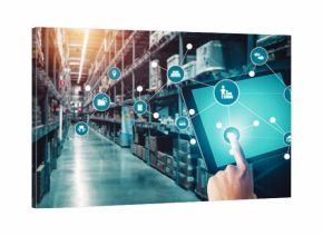 Smart warehouse management system with innovative internet of things technology to identify package picking and delivery . Future concept of supply chain and logistic network business .