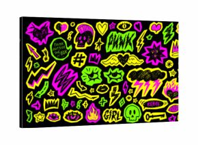 Neon colored y2k punk sticker collection. Crayon drawn rock and roll icons, punk text stickers. Marker scribbly rock grunge doodles for scrapbook, collage and zine design. Fire, lightning and hearts.