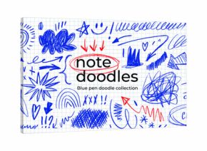 Blue pen scribble and doodle collection. Blue pen lines, arrows and scribbles at grid notebook background. Crayon drawn note doodles for hand drawn diagram, infographic and journaling.