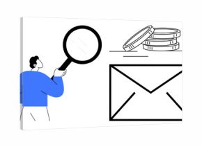 Person holding magnifying glass examining large envelope and stack of coins. Ideal for financial analysis, email marketing, investment, communication, strategy, business growth, simple flat metaphor