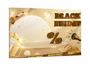 Black Friday Sale Template with Luxury 3D Gift Box, Balloon, Megaphone, Shopping Bag, and Golden Product Display Stand.