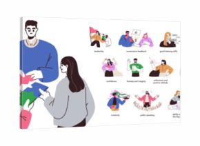 Soft skills for business, work, career set. Communication, empathy, time-management, leadership, teamwork, problem solving. Personality abilities. Flat vector illustration isolated on white background