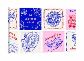 Dolce vita, summer holiday cards set. Sea resort vacation with lemon fruits, Italian food, seafood, cocktail, book and seashell drawings, sketches, square doodle design. Hand-drawn vector illustration