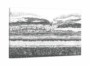 Black and white graphic illustration of geological strata with varied textures and patterns abstract