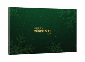 Merry Christmas 2026 text on a dark green background with glittering snowflake design. Festive winter holiday celebration.