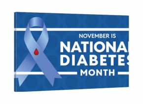 National diabetes Month - Text and blue ribbon with drop red sign in white line frame on blue background vector design