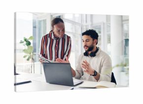 Man, woman and discussion with laptop at startup, documents and review proposal at media company. People, team and computer with paperwork, writer and collaboration with feedback at creative agency