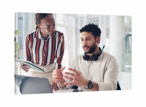 Corporate, people and talk with laptop in call centre for training, customer support and crm advice. Staff, team and explain with tech for client compliant, coaching intern and assistance for telecom