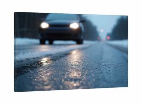 Car headlights illuminate a wet icy road during a winter snowfall. Driving is hazardous with slippery conditions after freezing rain. Traveling safely is key.