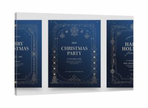 Luxury Blue and Gold Christmas or New Year Party Flyer with Art Deco Gatsby Style Frame