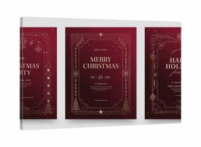 Luxury Christmas Invitation Flyer Poster Template with Art Deco Border Frame on Burgundy Background