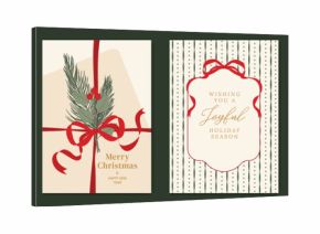 Christmas and Happy New Year greeting card vector set — cream and red classic Christmas frames with pine leaves and ribbons, festive theme for cards, posters and packaging.