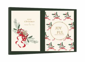 Christmas and Happy New Year greeting card vector set — cream and red botanical Christmas frames with ribbons and leaves, festive theme for cards, posters and packaging.