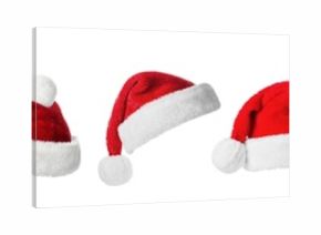 Collage with Santa Claus hats set, closeup objects. Isolated on transparent background. Christmas and New Year celebration