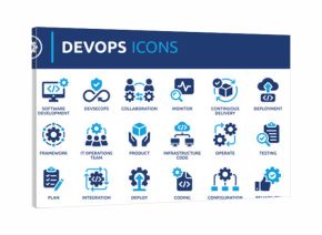 DevOps icon collection, containing software development, deployment, operate, monitor, testing, collaboration and more. Solid vector icons set.