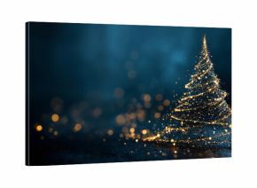 Abstract christmas tree forming from golden particles on a dark blue background with bokeh and copy space