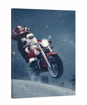 Biker Santa Claus riding in the snowstorm